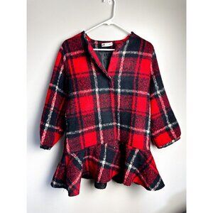 Muice Fashion Plaid Ruffle Snap Button Long Coat Red Black Small